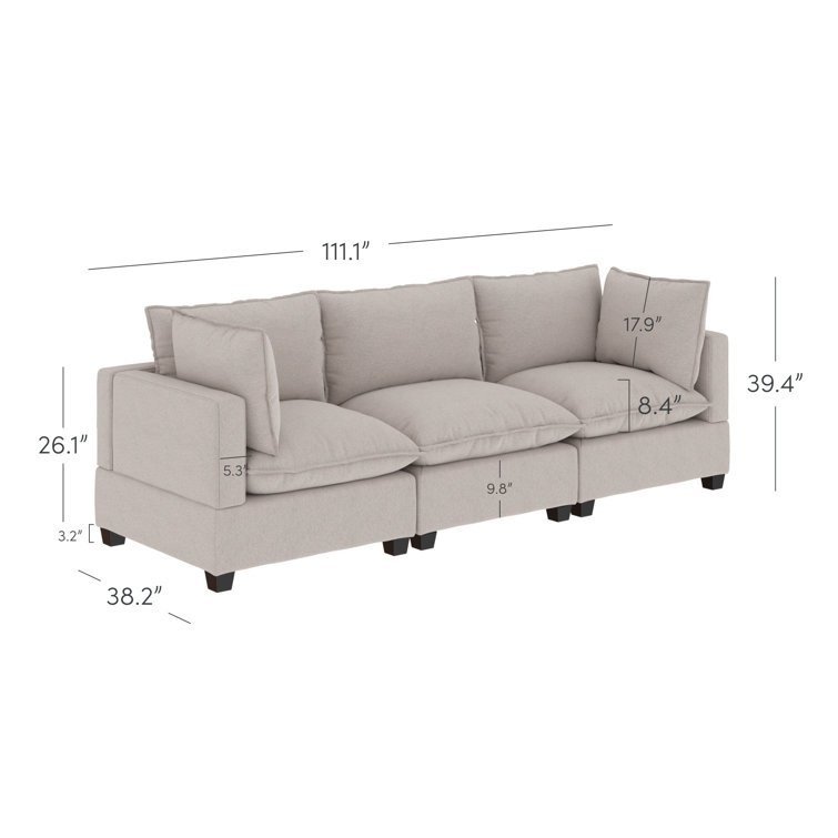 Beige Linen Fabric 3-Seater Sofa with Removable Cushions and Ottoman