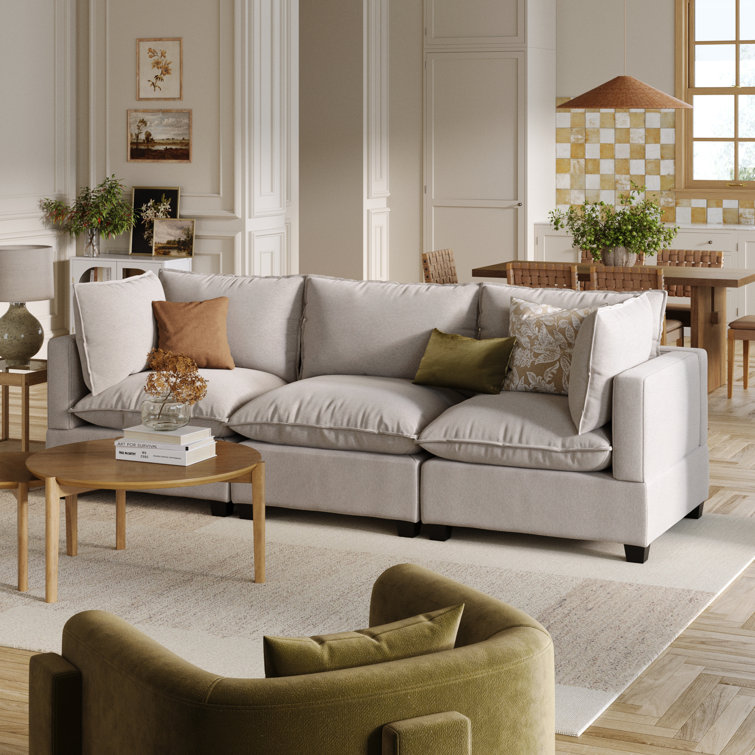Beige Linen Fabric 3-Seater Sofa with Removable Cushions and Ottoman