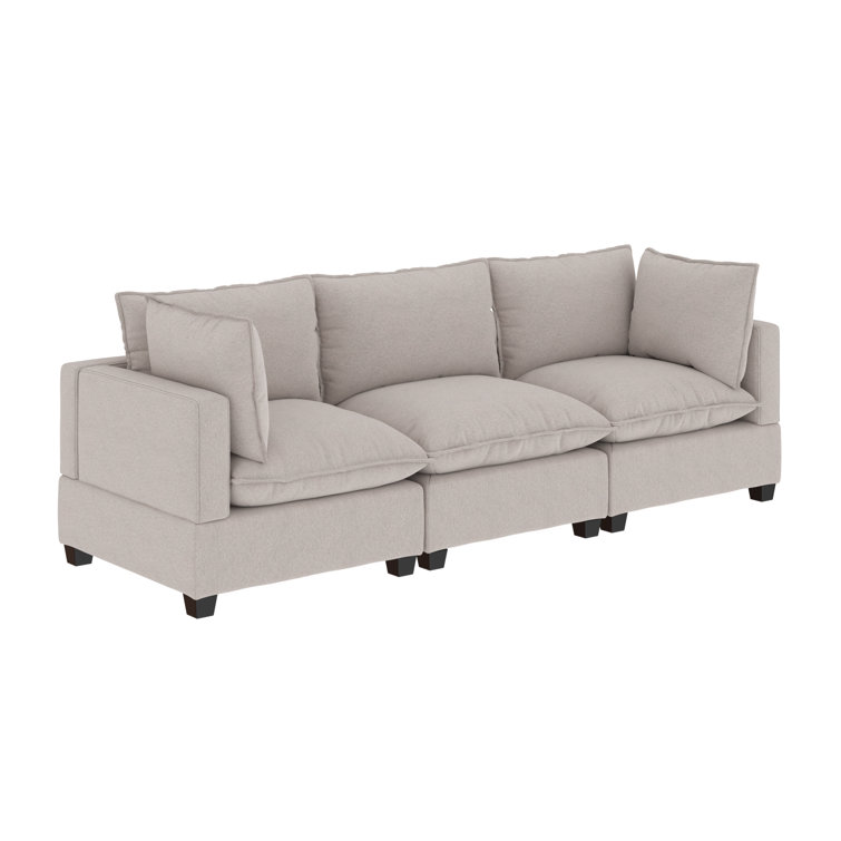 Beige Linen Fabric 3-Seater Sofa with Removable Cushions and Ottoman