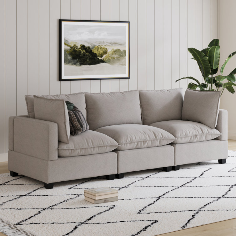 Beige Linen Fabric 3-Seater Sofa with Removable Cushions and Ottoman