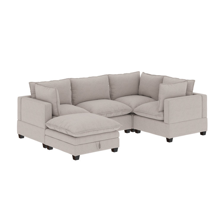 Beige Linen Upholstered Sectional Sofa with Ottoman and Removable Cushions