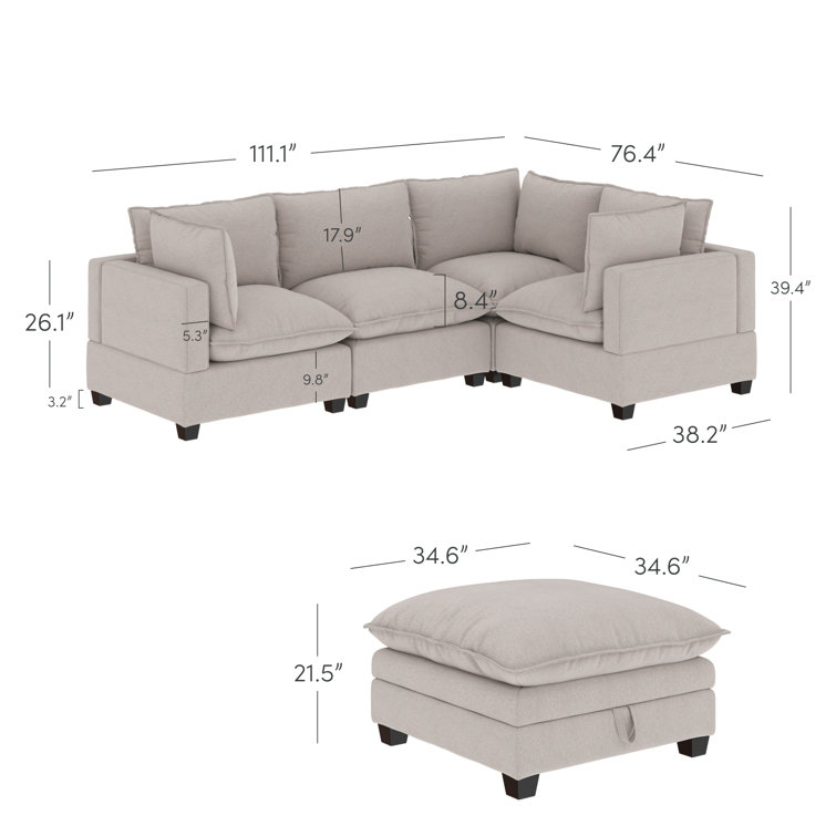Beige Linen Upholstered Sectional Sofa with Ottoman and Removable Cushions