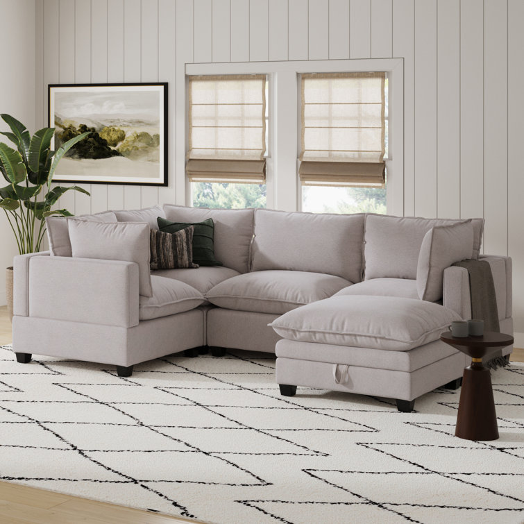 Beige Linen Upholstered Sectional Sofa with Ottoman and Removable Cushions