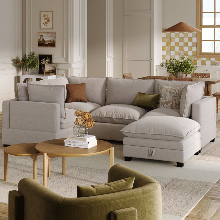 Beige Linen Upholstered Sectional Sofa with Ottoman and Removable Cushions