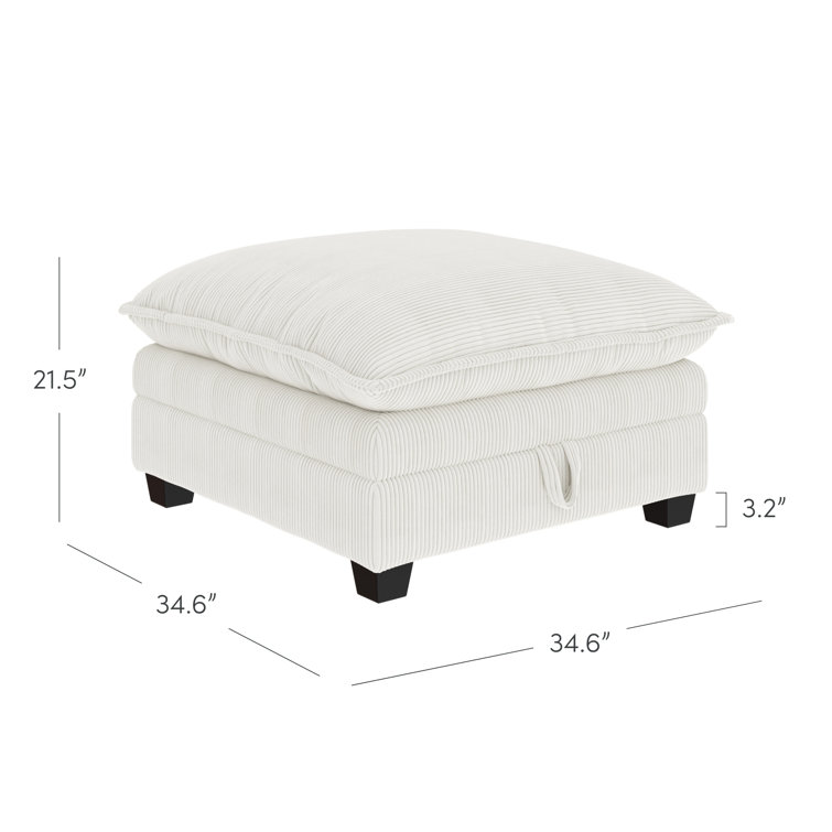 Pearl White Corduroy Upholstered Storage Ottoman with Removable Cushions