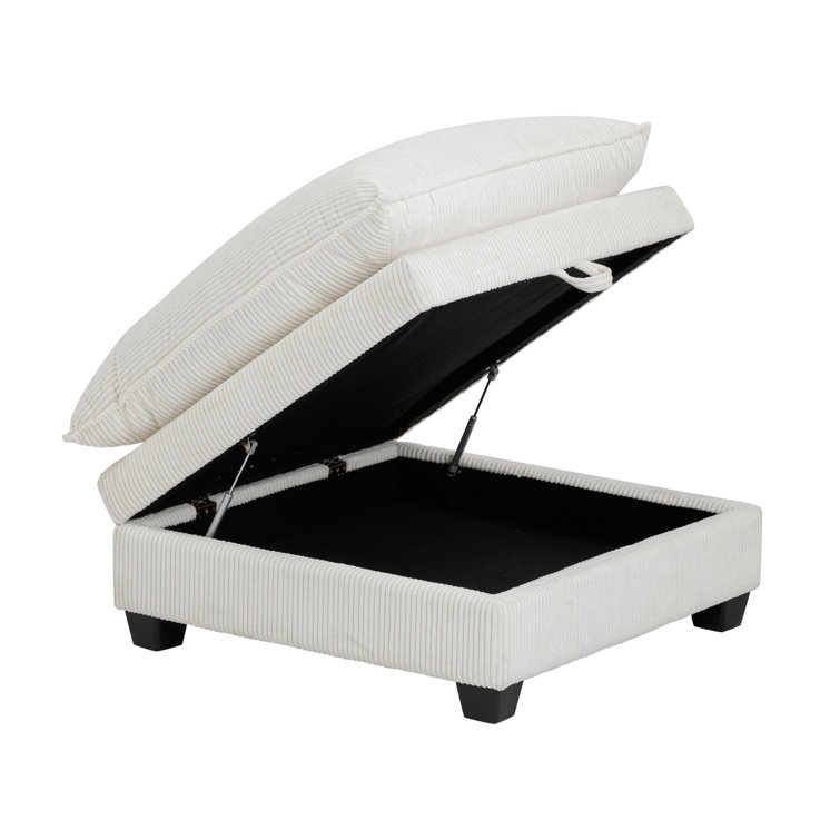 Pearl White Corduroy Upholstered Storage Ottoman with Removable Cushions