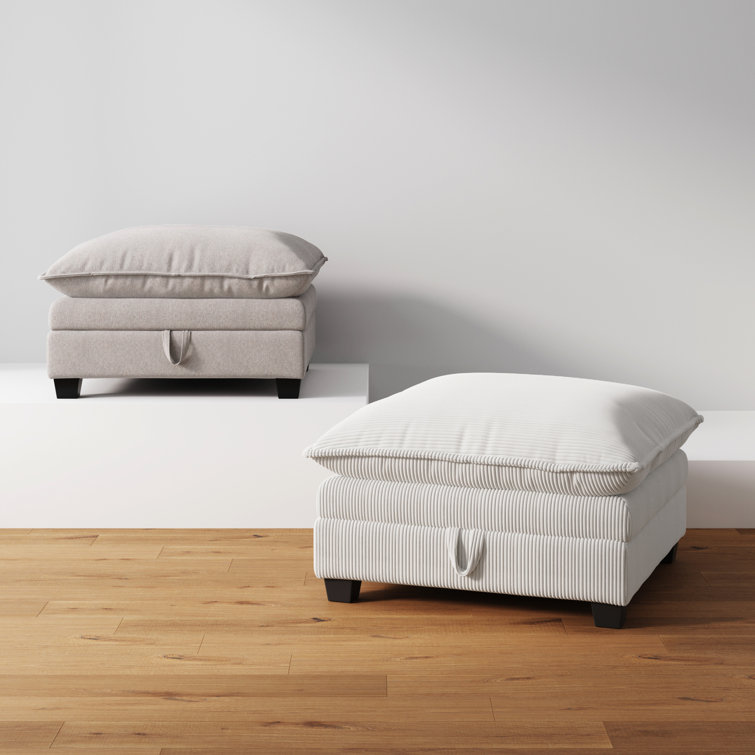 Pearl White Corduroy Upholstered Storage Ottoman with Removable Cushions
