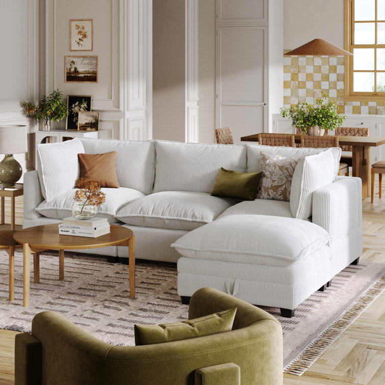 Pearl White Corduroy Upholstered Storage Ottoman with Removable Cushions