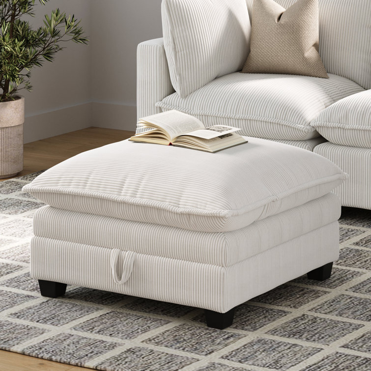 Pearl White Corduroy Upholstered Storage Ottoman with Removable Cushions
