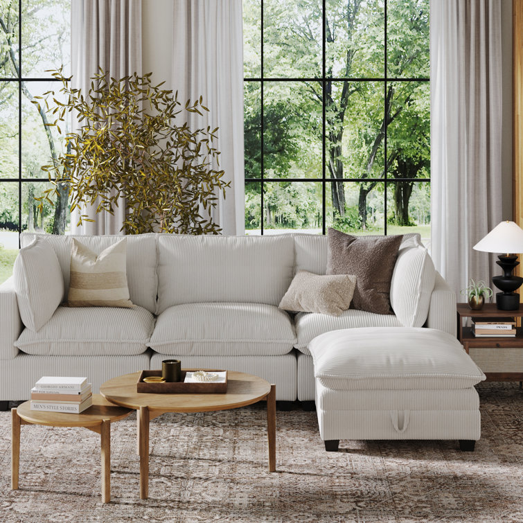 Pearl White Corduroy Upholstered Storage Ottoman with Removable Cushions