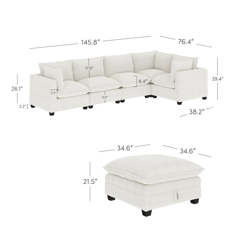 Pearl White Linen Modular Sectional Sofa with Ottoman