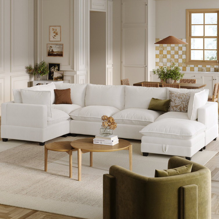 Pearl White Linen Modular Sectional Sofa with Ottoman