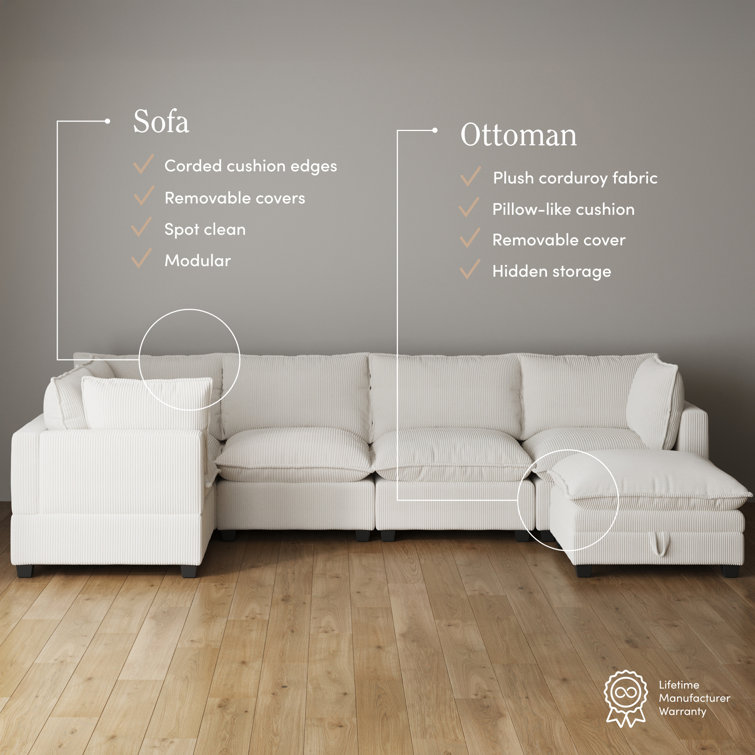Pearl White Linen Modular Sectional Sofa with Ottoman