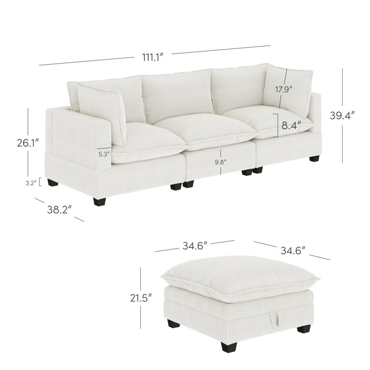 Pearl White Linen Upholstered 3-Seater Sofa with Ottoman