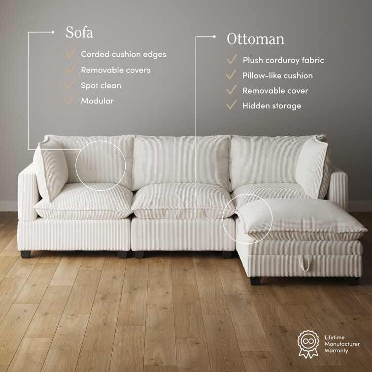Pearl White Linen Upholstered 3-Seater Sofa with Ottoman