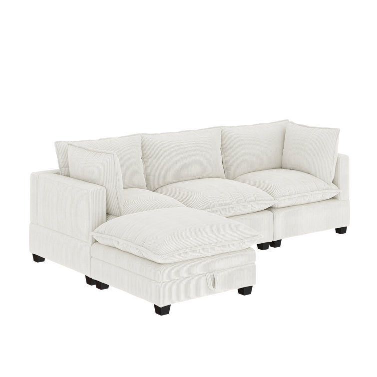 Pearl White Linen Upholstered 3-Seater Sofa with Ottoman