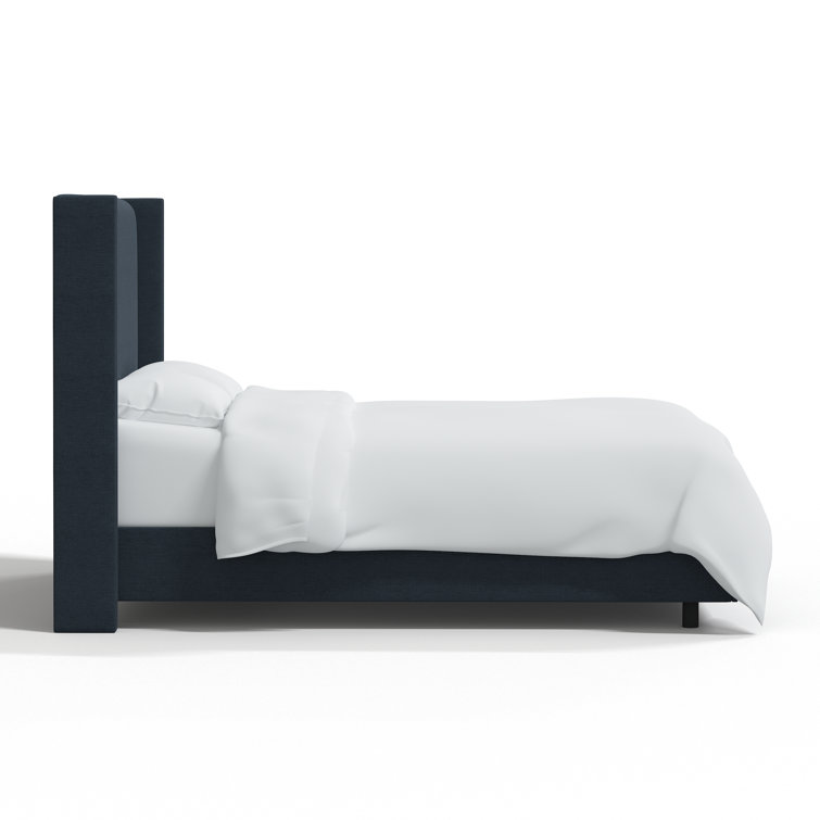 Classic Navy Linen Upholstered Queen Bed with Wingback Headboard