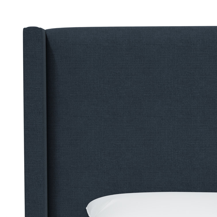Classic Navy Linen Upholstered Queen Bed with Wingback Headboard