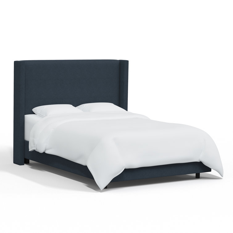 Classic Navy Linen Upholstered Queen Bed with Wingback Headboard
