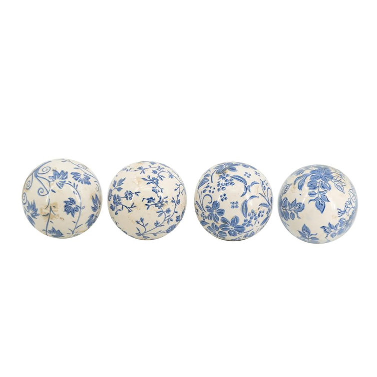 Blue and White Floral Ceramic Decorative Balls Set of 4