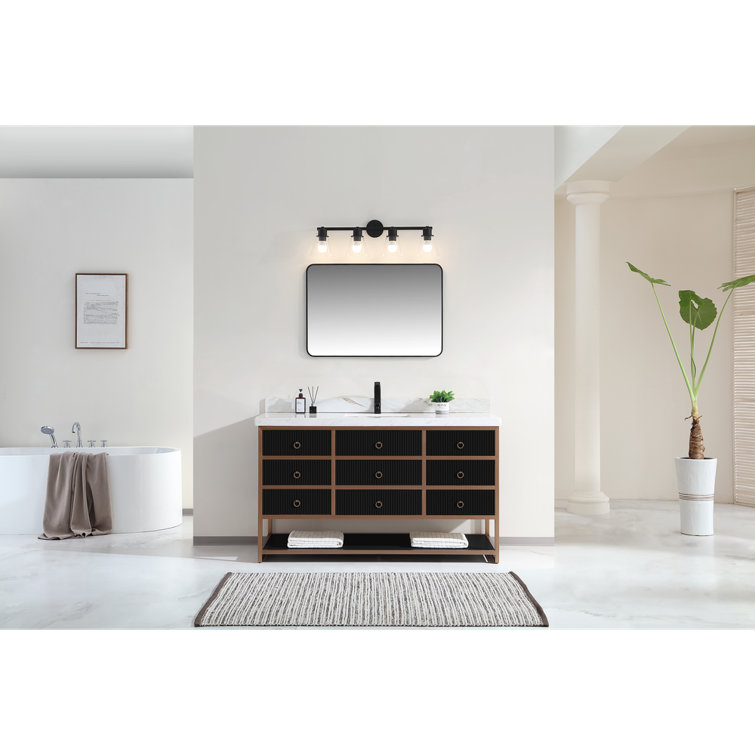 60" Black and Gold Freestanding Bathroom Vanity with White Marble Top