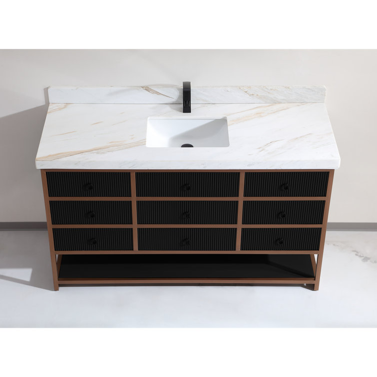 60" Black and Gold Freestanding Bathroom Vanity with White Marble Top