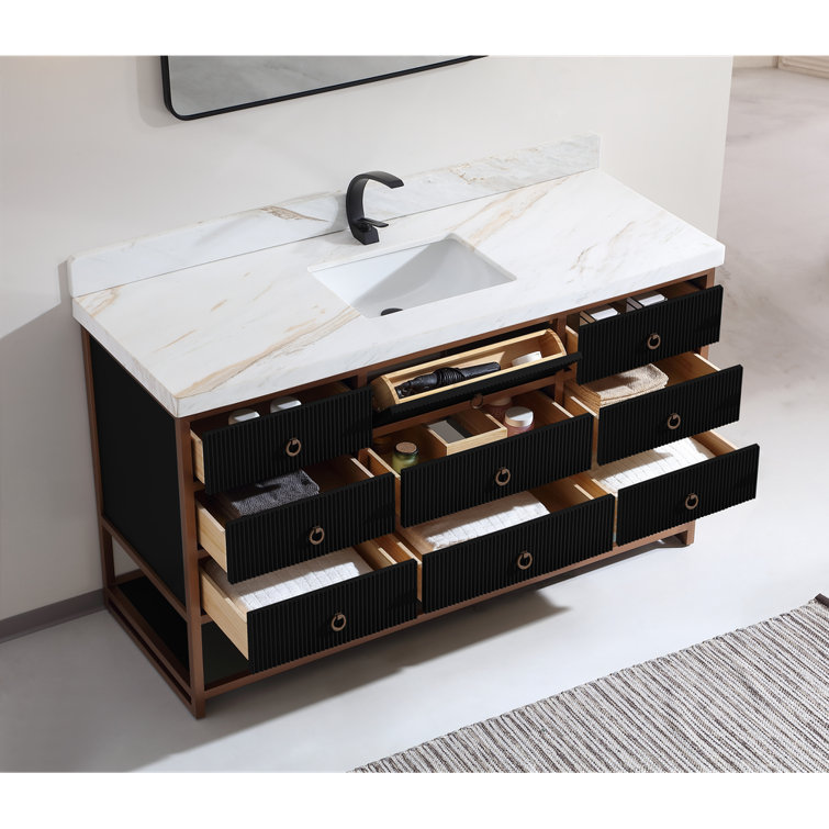 60" Black and Gold Freestanding Bathroom Vanity with White Marble Top