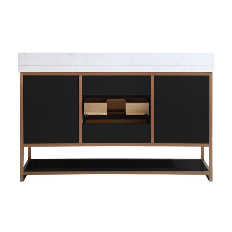60" Black and Gold Freestanding Bathroom Vanity with White Marble Top