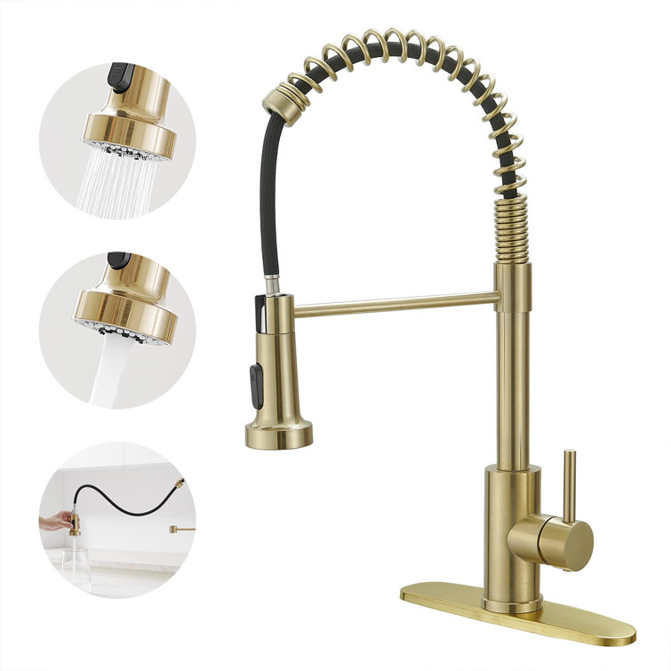 Gold Stainless Steel Spring Neck Kitchen Faucet with Pull-out Spray