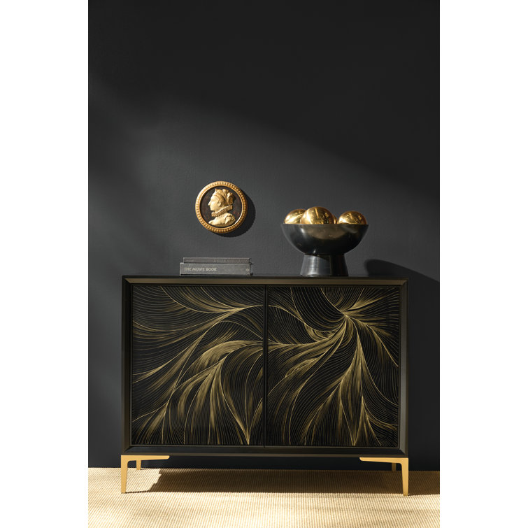 Black and Gold Maple Veneer Hall Chest with Abstract Design
