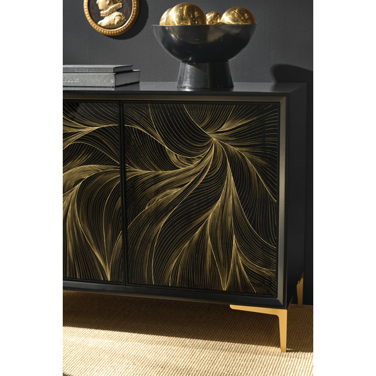 Black and Gold Maple Veneer Hall Chest with Abstract Design