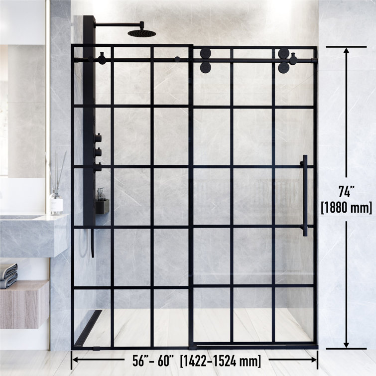 Elan Matte Black Frameless Sliding Shower Door with Clear Grid Glass