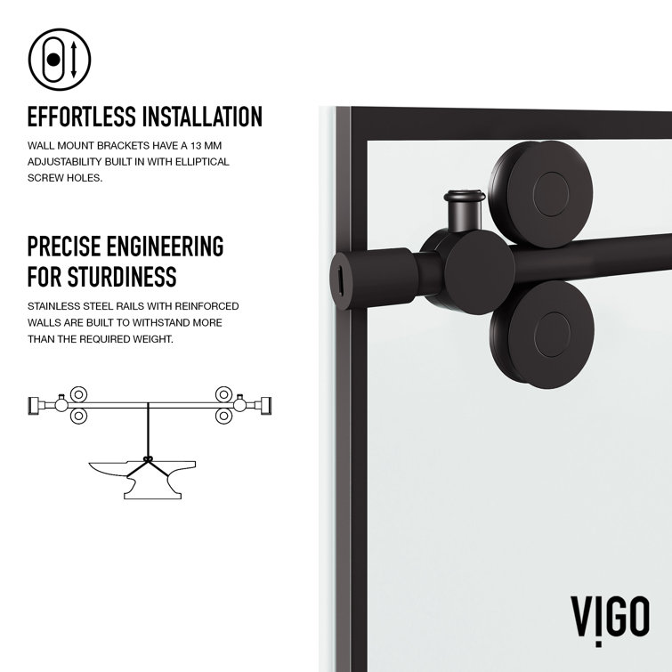 Elan Matte Black Frameless Sliding Shower Door with Clear Grid Glass