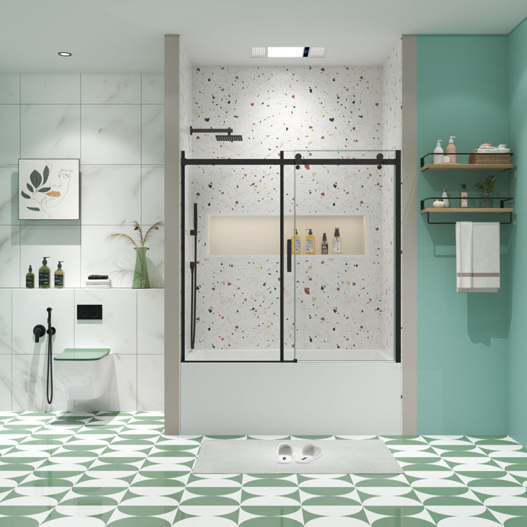 Matte Black Tempered Glass Sliding Shower Door 56-60" W x 58" H