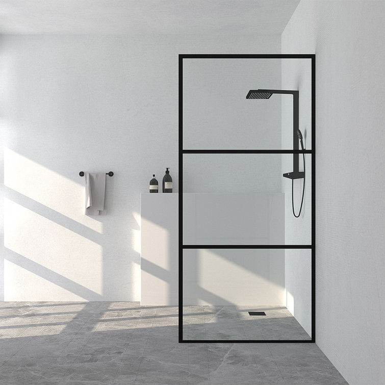 34-Inch Matte Black Framed Shower Door with Patterned Glass