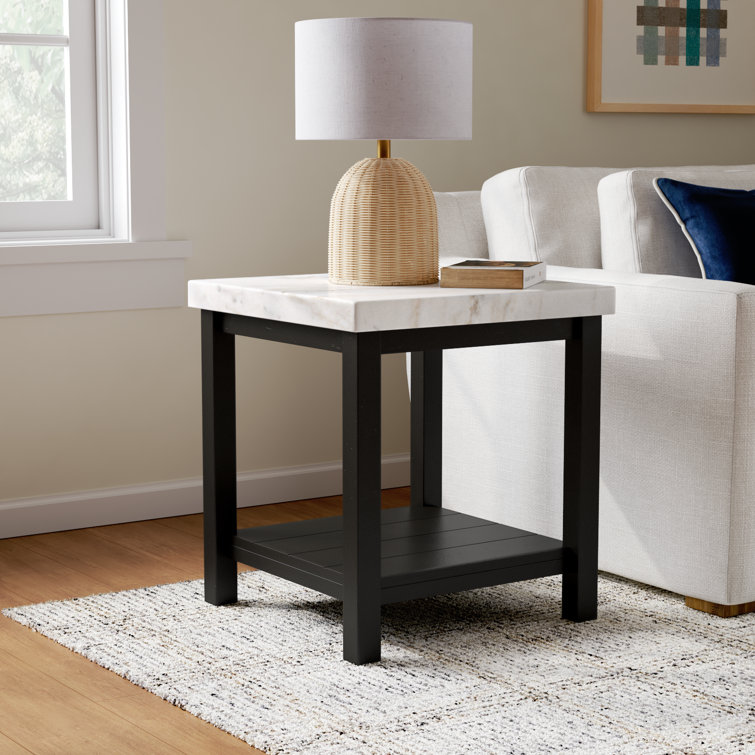 Square Black Acacia Wood End Table with White Marble Top