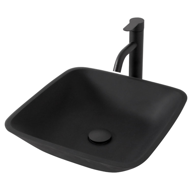 16" Square Matte Black Tempered Glass Vessel Sink