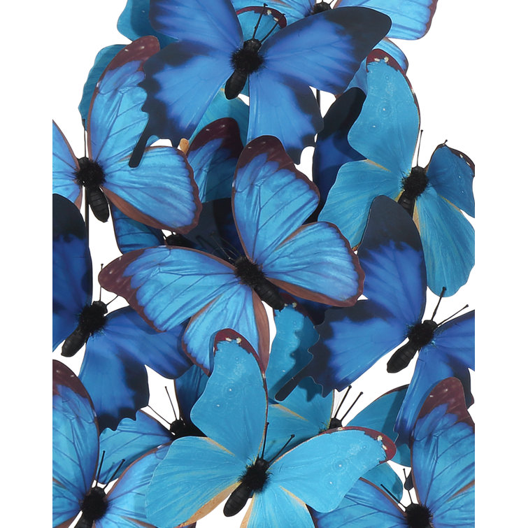 Blue and Black Butterfly Sculpture with Clear Glass Dome on Wood Base