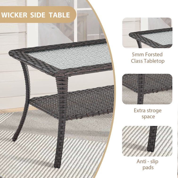 Carolina Brown Rectangular Wicker Outdoor Coffee Table with Glass Top
