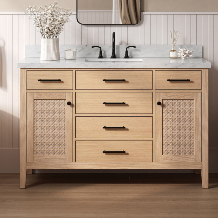 Camila 55" Light Brown Oak Single Sink Bathroom Vanity with Carrara Marble Top
