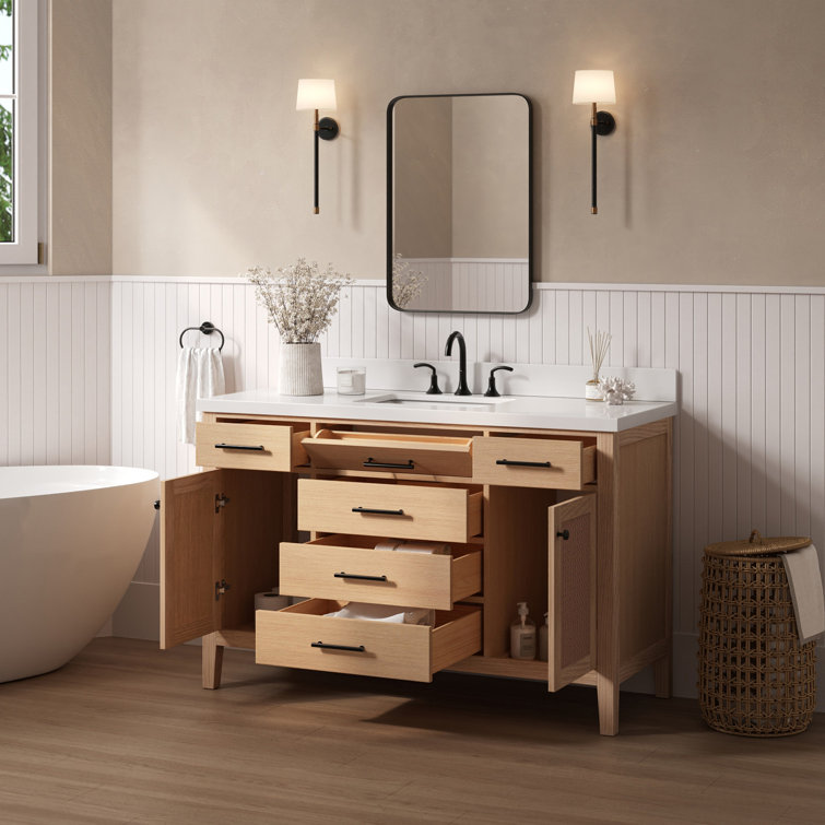 Camila 55" Light Brown Wood Single Sink Vanity with White Quartz Top