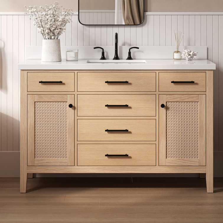 Camila 55" Light Brown Wood Single Sink Vanity with White Quartz Top