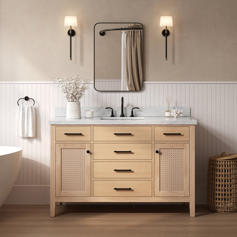 Camila 55" Light Brown Oak Single Sink Bathroom Vanity with Carrara Marble Top