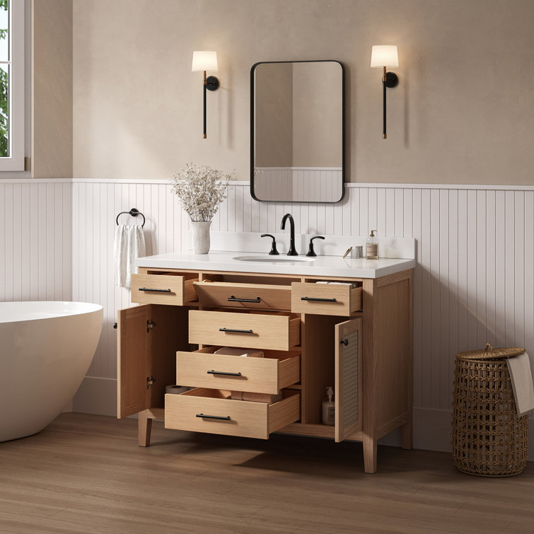 Camila 49" Light Brown Wood Single Sink Bathroom Vanity with White Quartz Top