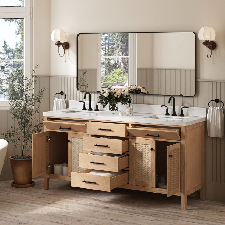 Camila 73'' Light Brown Double Sink Freestanding Vanity with White Quartz Top