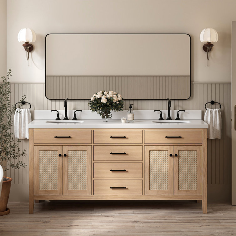 Camila 73" Light Brown Oak Double Sink Vanity with White Quartz Top