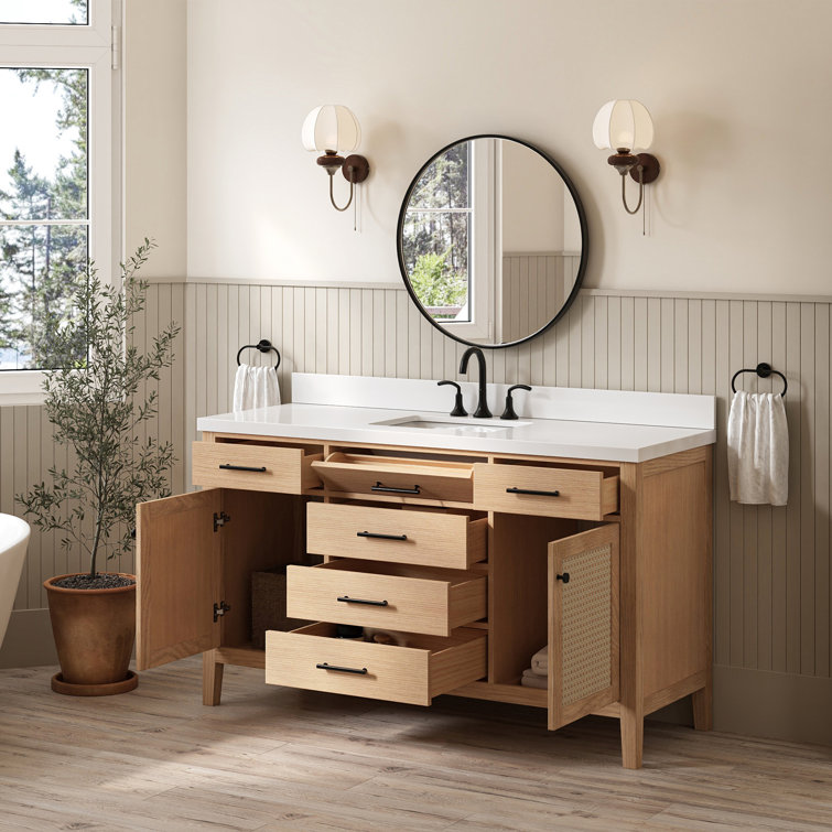 Camila 61" Light Brown White Oak Freestanding Bathroom Vanity with Quartz Top