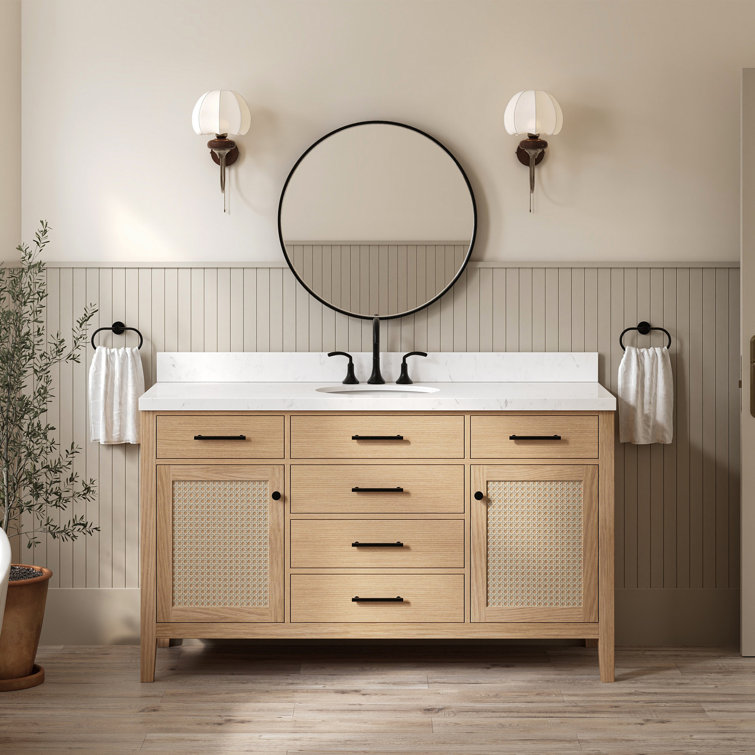 Camila 60" Light Brown Oak Freestanding Bathroom Vanity with Quartz Top