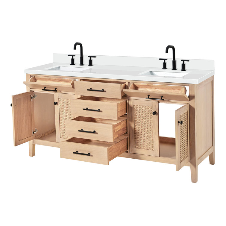 Camila 73'' Light Brown Double Sink Freestanding Vanity with White Quartz Top