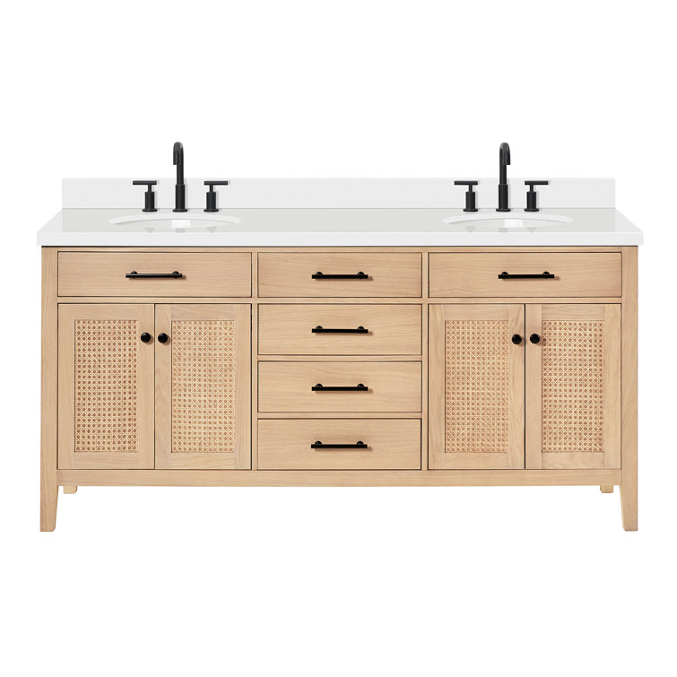 Camila 73" Light Brown Oak Double Sink Vanity with White Quartz Top